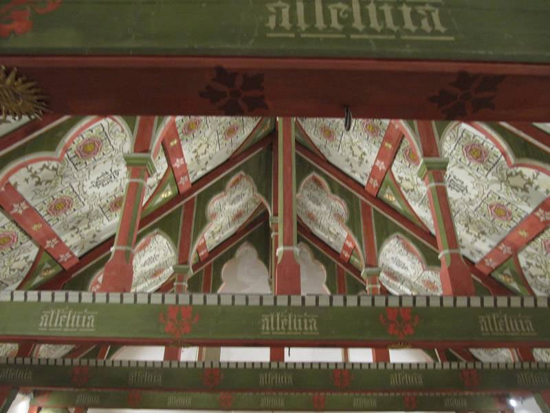 Nave ceiling panel and wooden truss details